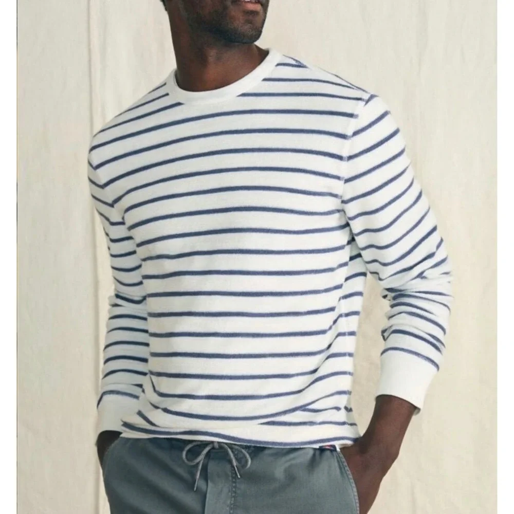 Faherty Cabana Towel Terry Sweater Mens XL White Blue Striped Coastal Nautical